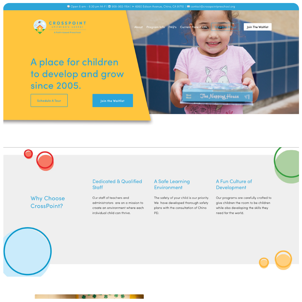 A young girl with curly hair smiling and holding a toy in her hands, standing in front of a tiled wall in a preschool setting, with the CrossPoint Children's Center website visible at the top of the image.