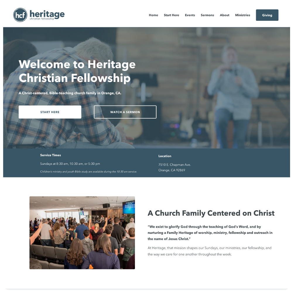 Screenshot of the homepage of Heritage Christian Fellowship, a church in Orange, California. The top navigation menu includes links to Home, Start Here, Events, Sermons, About, Ministries, and Giving. The main section welcomes visitors with options to start exploring or watch a sermon. A section below shows a large gathering of church attendees inside the church, with a quote about their mission centered on Christ.