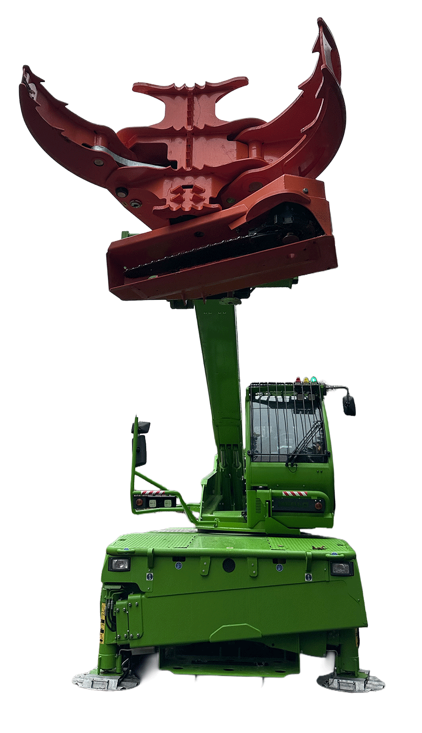 TeleTree Bros Merlo Roto telehandler reaching tall tree for precision removal