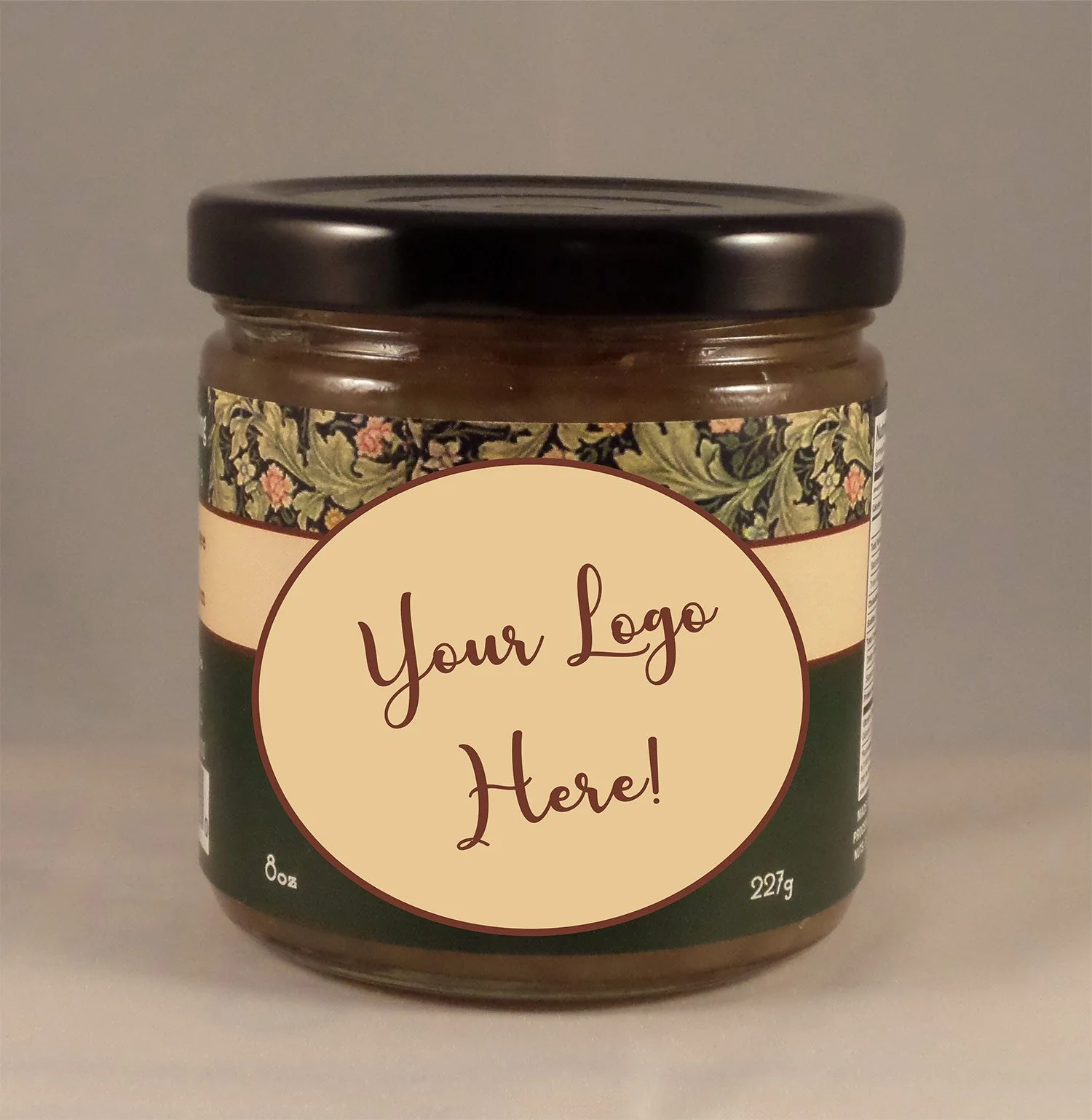 Jar of jam with placeholder label reading 'Your Logo Here!'