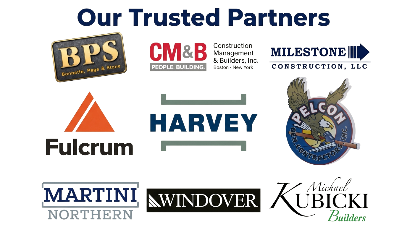 A collage of logos and names of various construction and building companies with the heading "Our Trusted Partners." Logos include BPS, CM&B, Milestone Construction LLC, Fulcrum, Harvey, Pelcon Gen. Contractors Inc., Martini Northern, Windover, and Michael Kubicki Builders, along with a cartoon eagle holding a construction trowel.