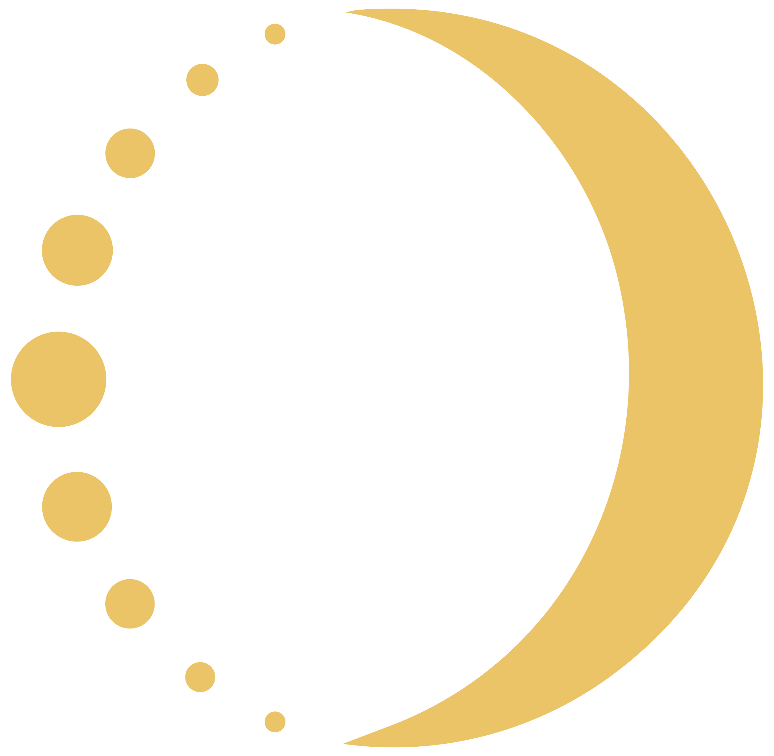 Gold crescent moon and dots on a black background.