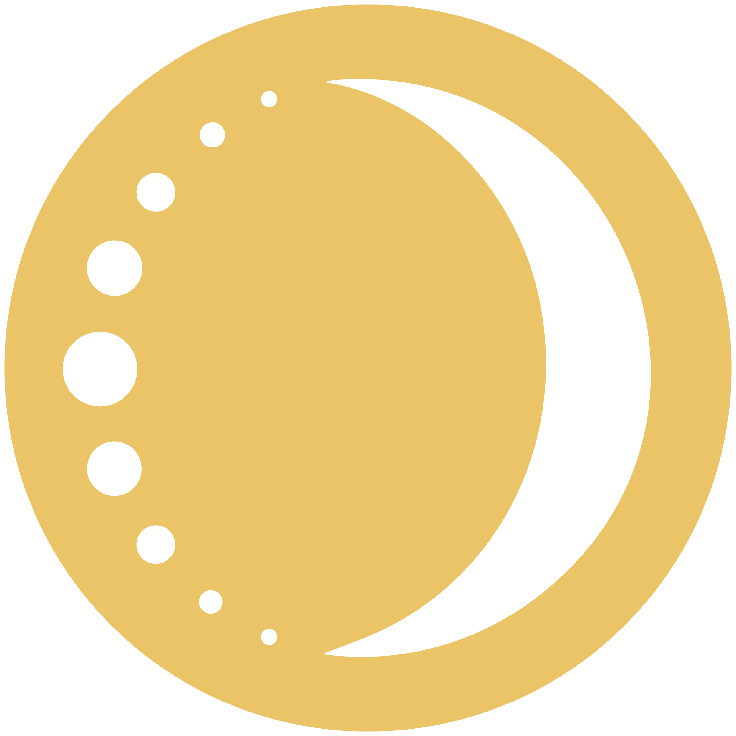A beige and white graphic featuring a crescent moon and five smaller circles, resembling planets or stars, within a circular shape.