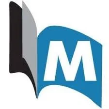 Logo featuring an open book and a blue banner with a large white 'M'.