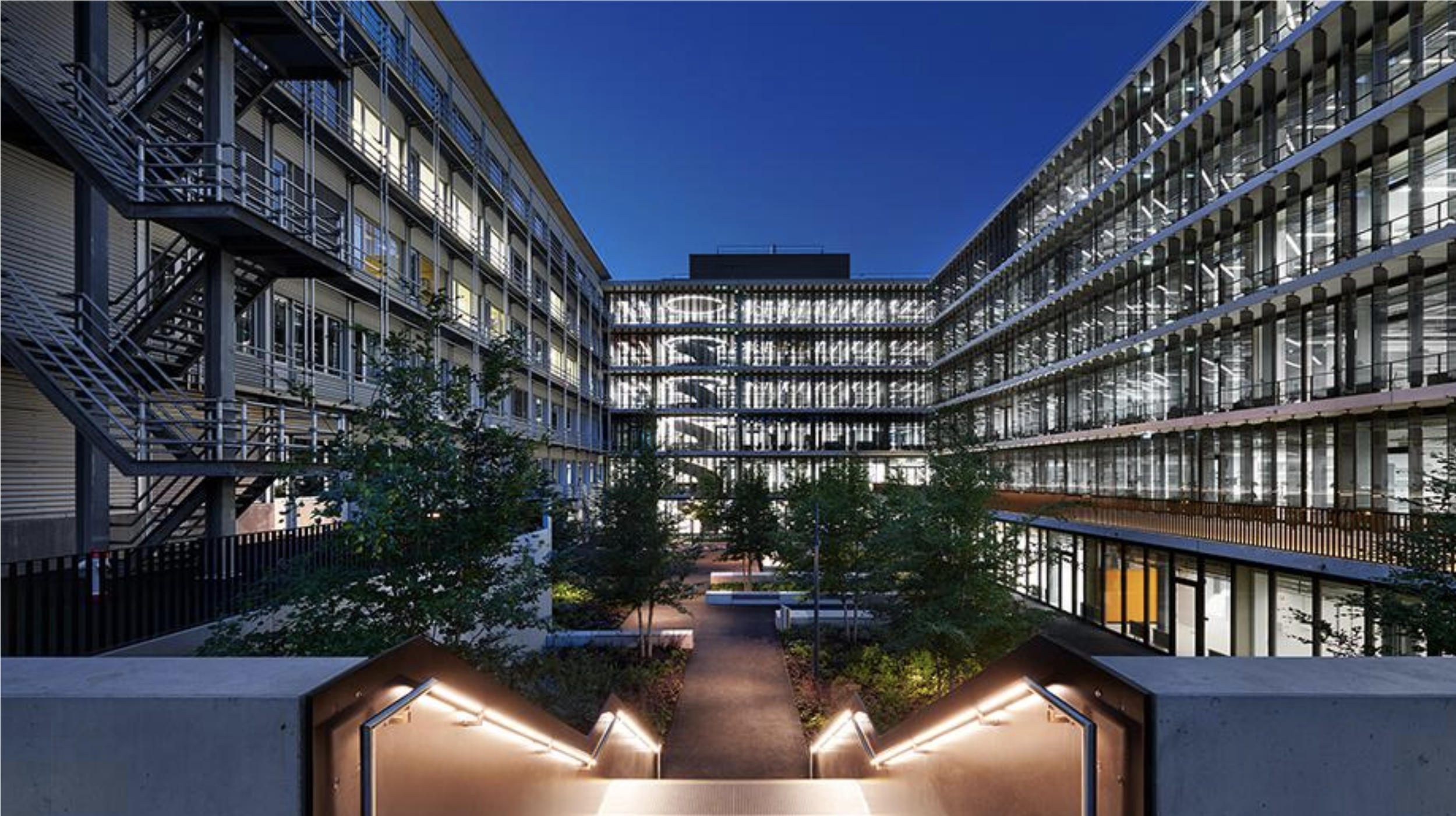 Modern office building courtyard at dusk, illuminated walkways and glass buildings with outdoor stairs on the left side.