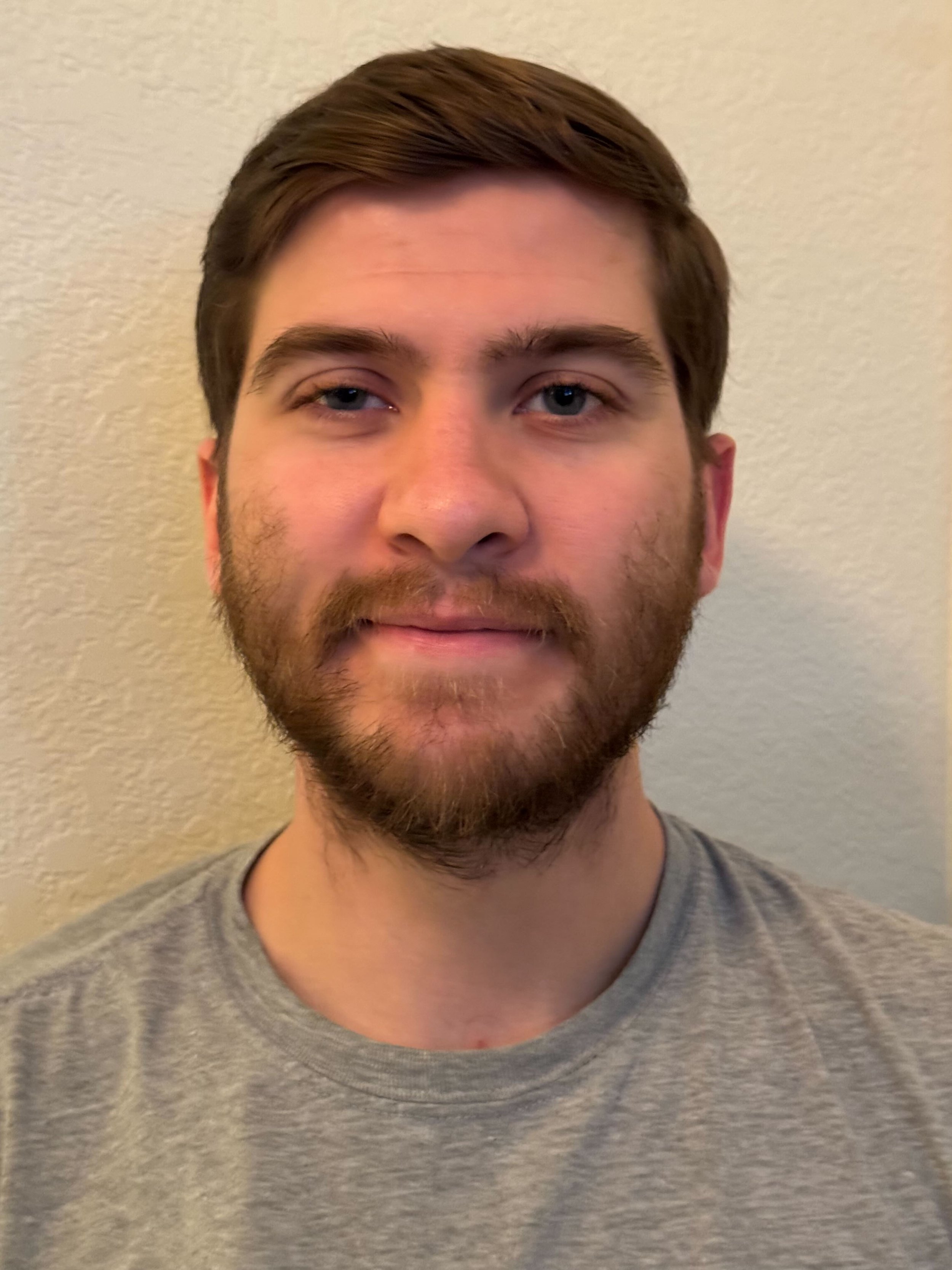 A close-up photo of a young man with brown hair, a full beard, and blue eyes, wearing a gray t-shirt, standing against a beige wall.