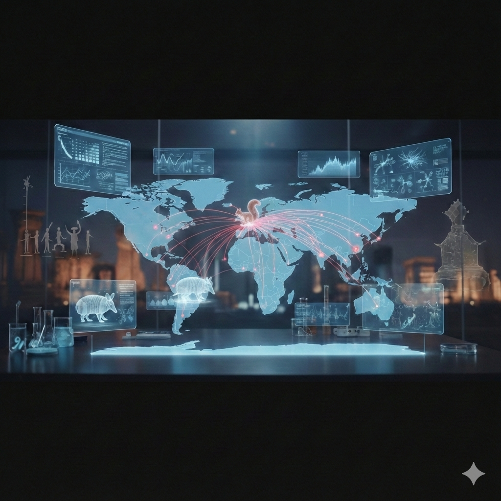 Digital map with data visualizations, including connections from a central point in Europe to various locations worldwide, with holographic animal models and scientific charts.
