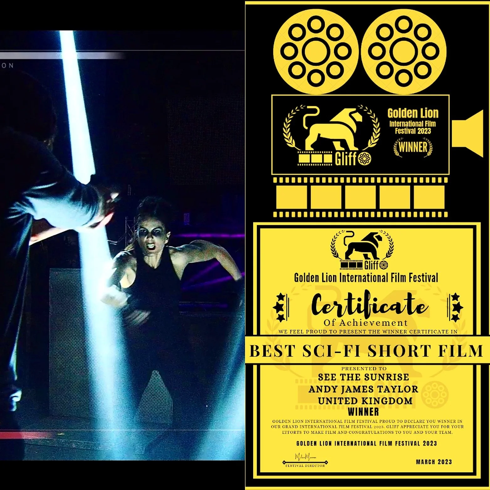 A woman performing on stage under dramatic lighting next to a certificate for Best Sci-Fi Short Film at the Golden Lion International Film Festival 2023, awarded to 'See the Sunrise' by Andy James Taylor from the United Kingdom.