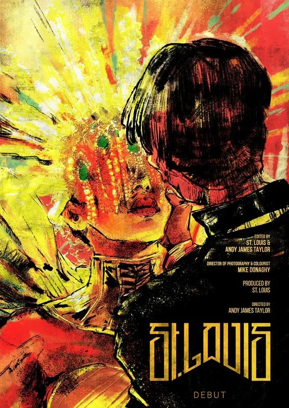 Stylized illustration of a man and woman facing each other close up, with a vibrant yellow and red abstract background.