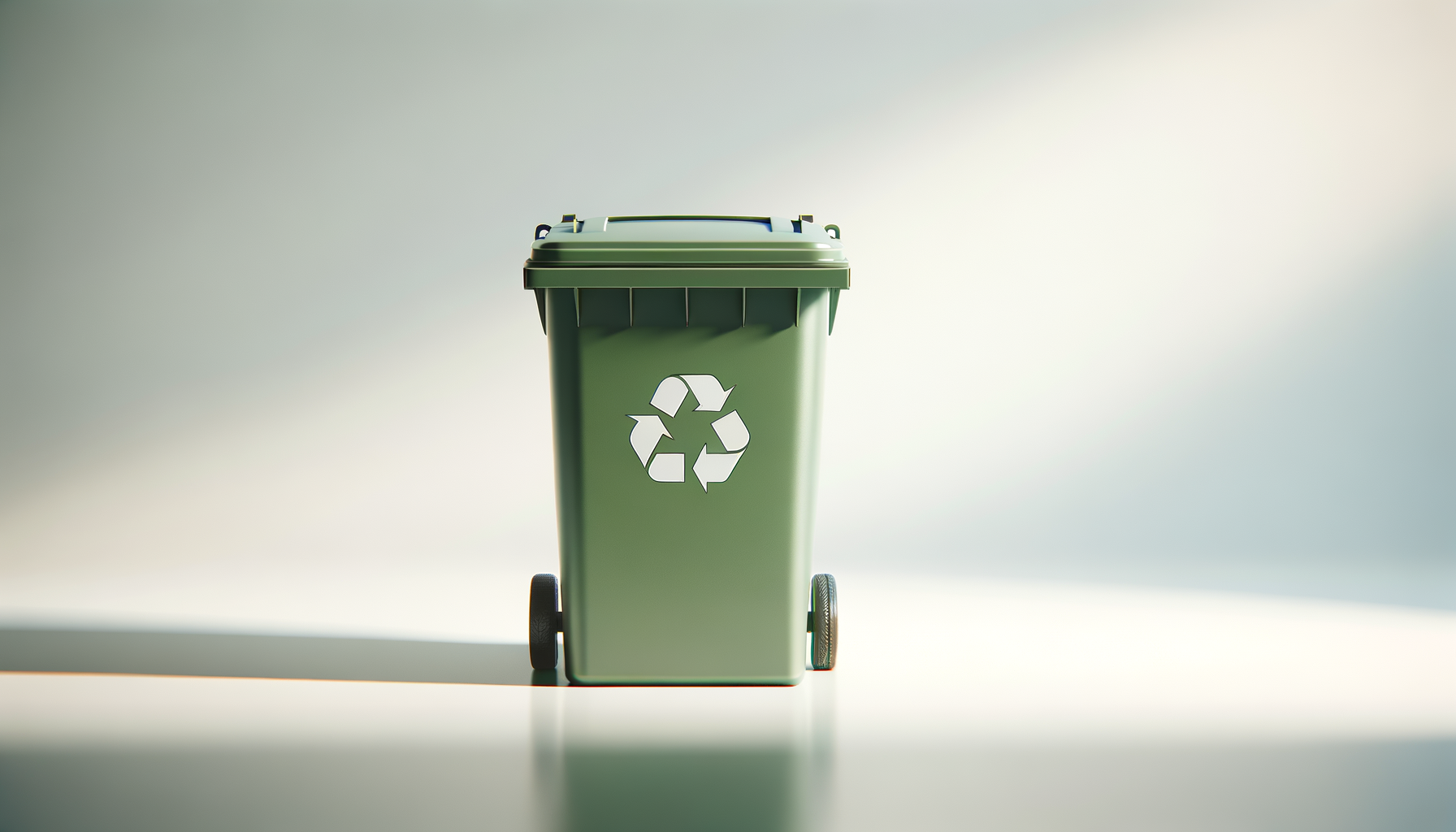 Green recycling bin with wheels and a white recycling symbol on the front, placed on a light surface against a neutral background.