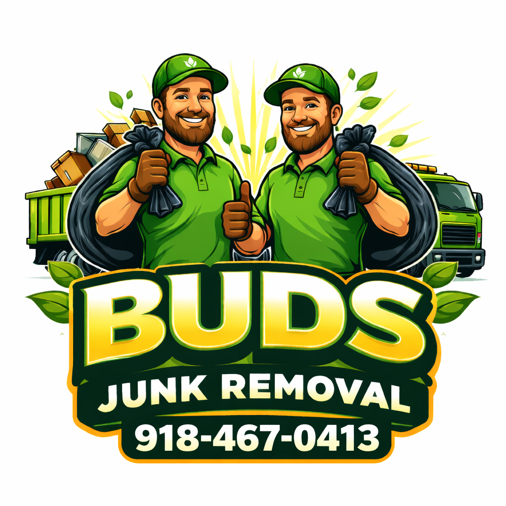 Illustration of two men with beards and green uniforms and caps, carrying black trash bags, with a junk removal truck and boxes in the background. The text reads "Buds Junk Removal" and a phone number.