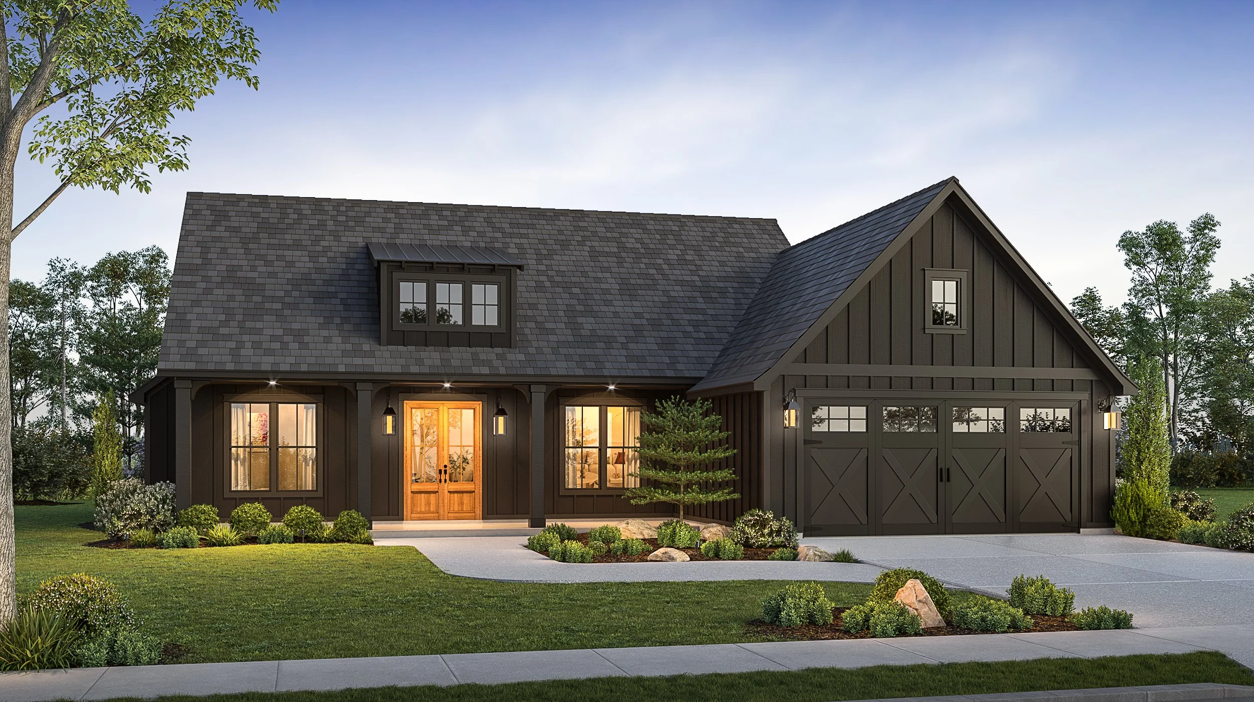 A modern black two-story house with a gabled roof, front porch, and attached garage, surrounded by a well-maintained lawn and landscaping, during early evening.