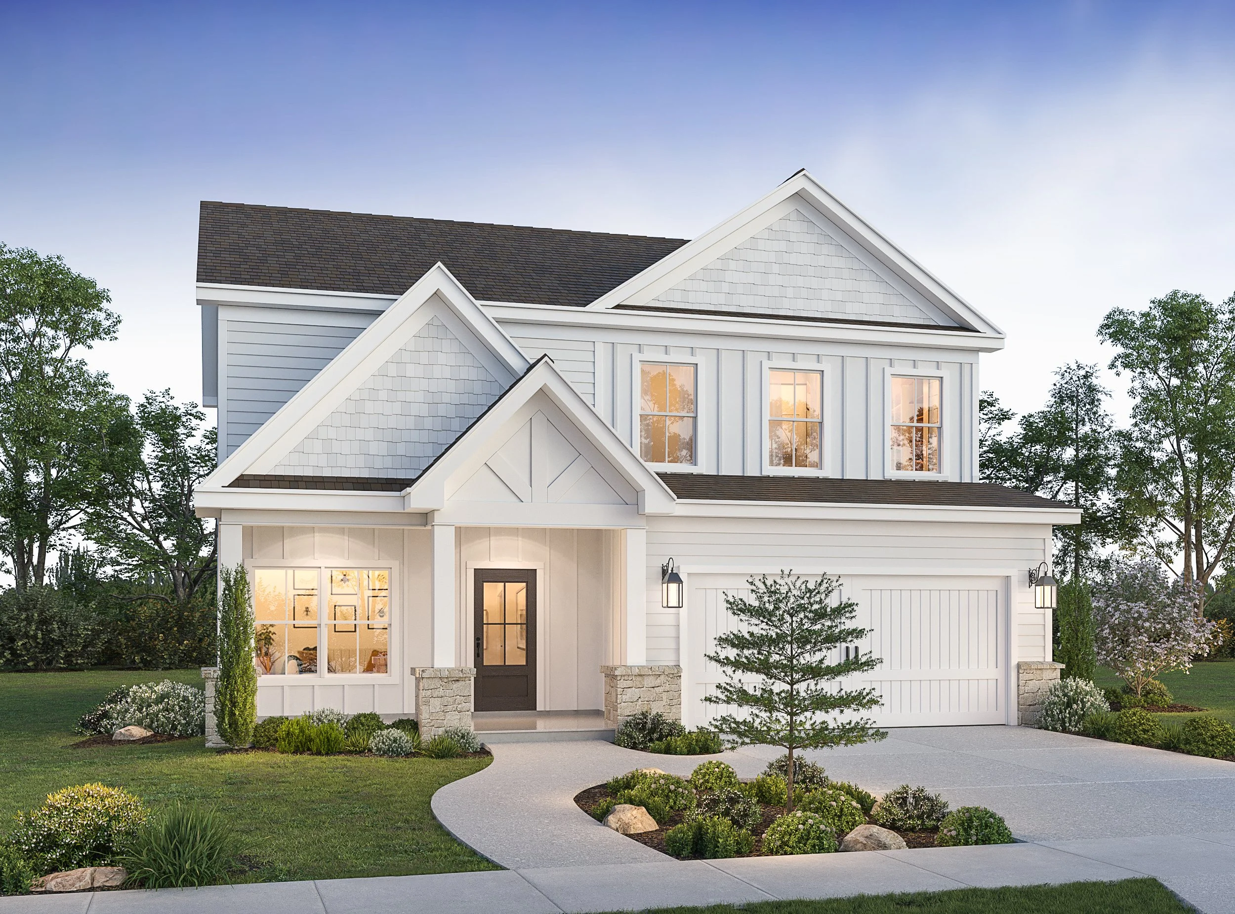 Front view of a modern two-story white house with gray roof, well-maintained front yard, and landscaping, during sunset.