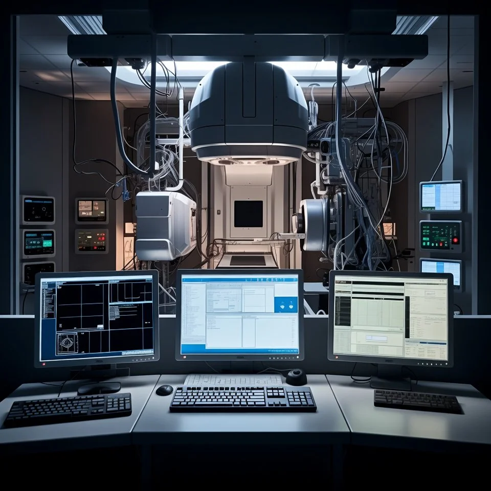 An advanced medical imaging room with three computer monitors displaying medical imaging data, a console with keyboard and mouse, and a large, complex MRI or CT scanner surrounded by various technical equipment and wiring.