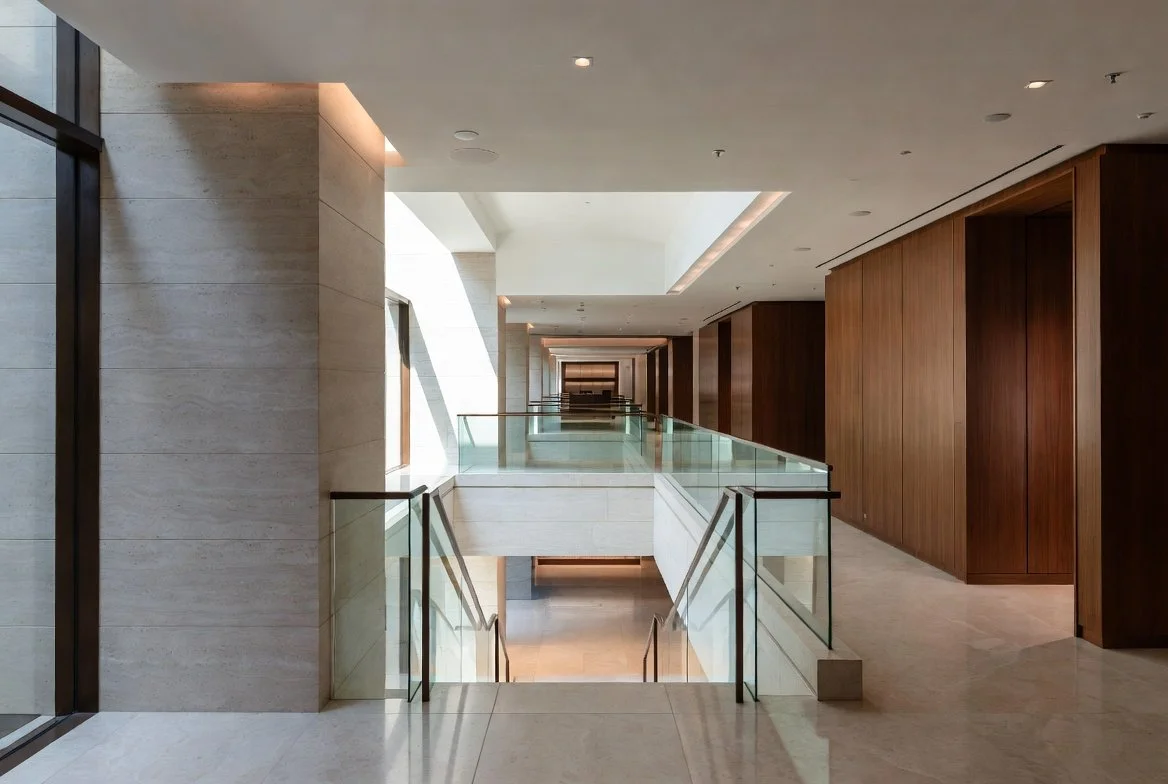 Modern, multi-story interior with beige stone and wooden wall panels, glass railings, and a central staircase, illuminated by natural light from skylights.