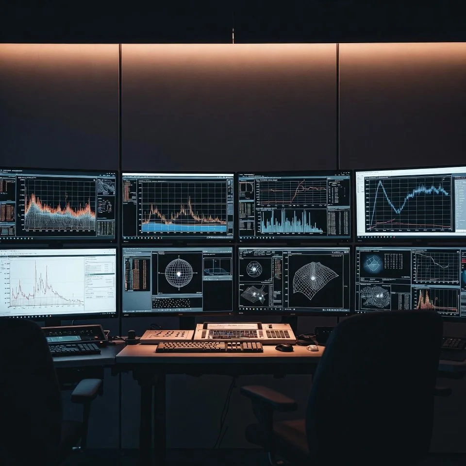 Multiple computer monitors displaying graphs, charts, and data analysis in a control room or data center environment.