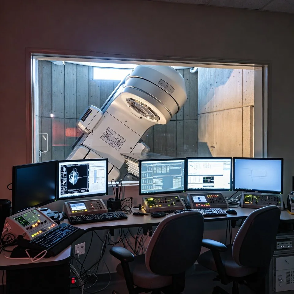 A medical imaging control room with four monitors displaying scans and data, and a large MRI machine visible through a window in the background.