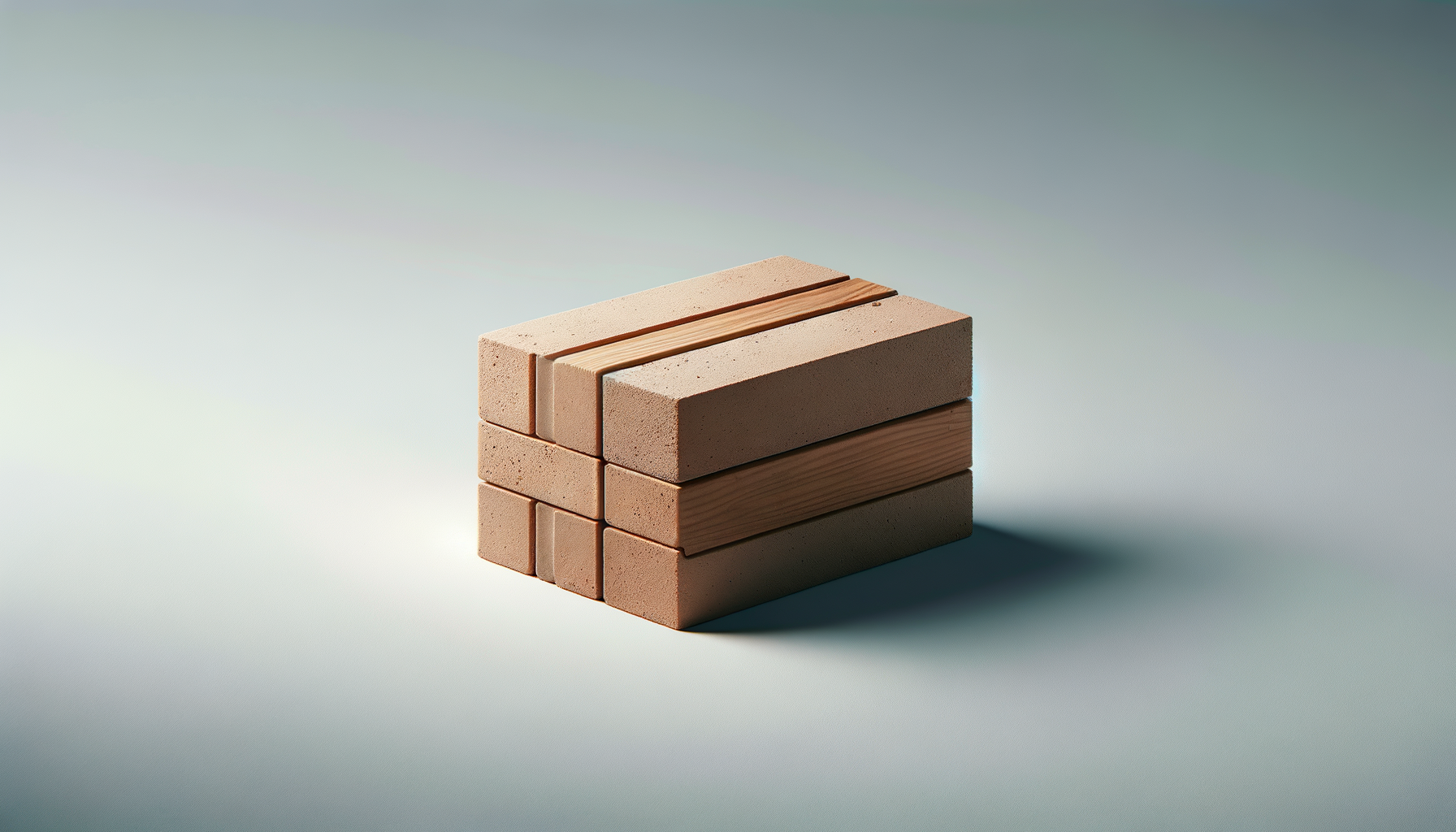 A small stack of assorted bricks and wooden planks on a light green surface.