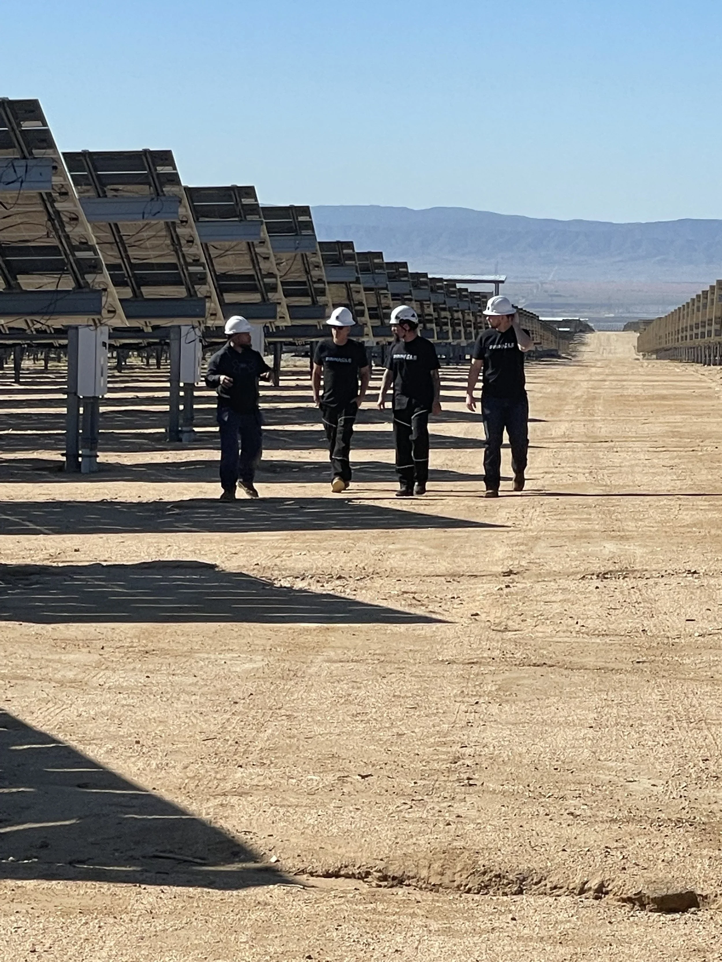 Field team walking through a utility-scale solar farm as part of Pinnacle’s nationwide renewable energy services.