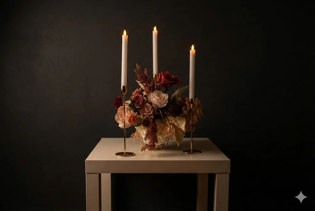 A table with a floral arrangement and three lit candles in candle holders against a dark wall.