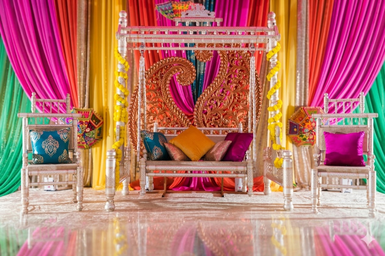 Mandap South Asian Draping Sankheda Swing Set Haldi Lounge Furniture Event Decor and Rental Garden Party Chicago Suburbs Naperville.png