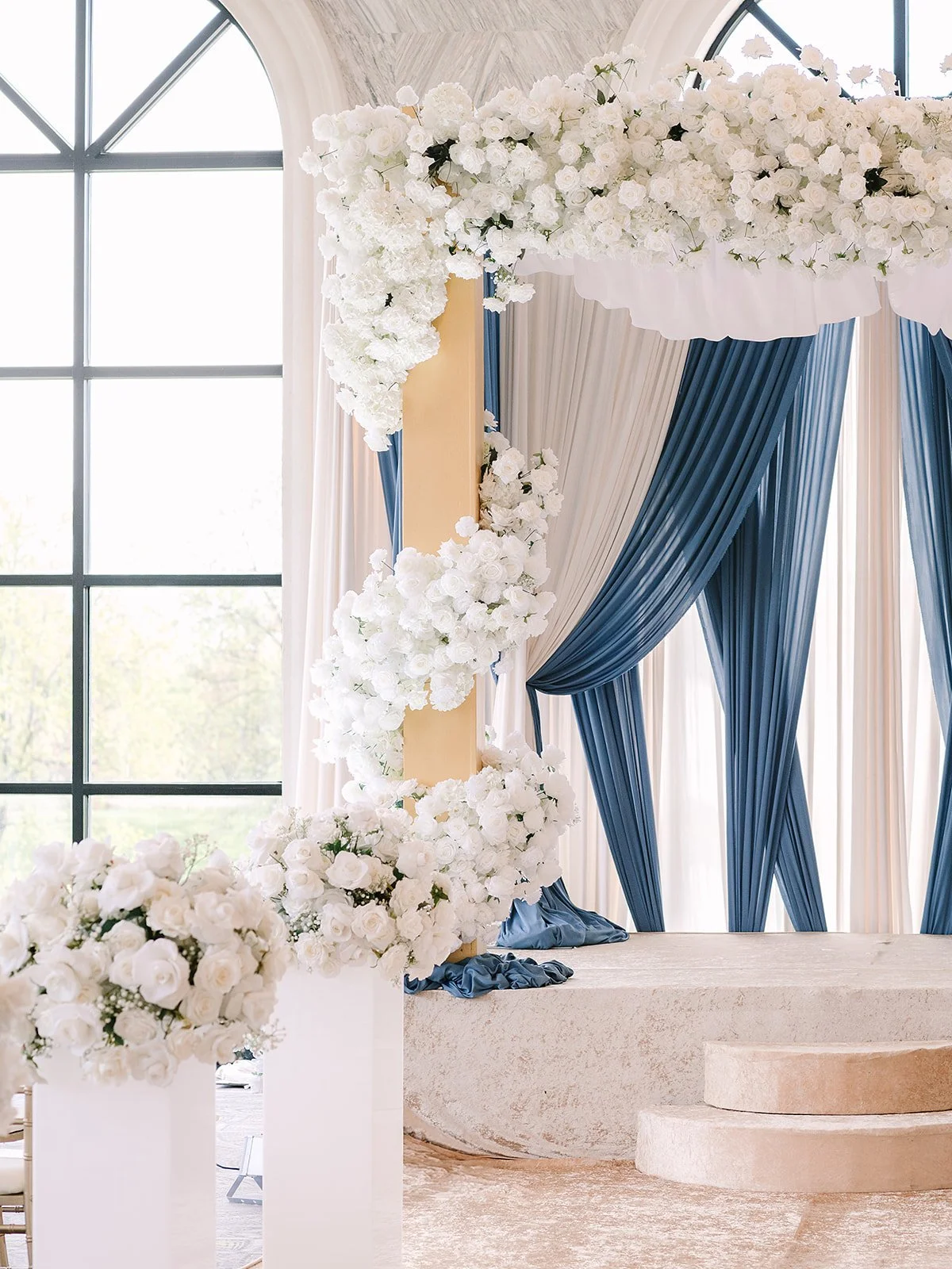 Chuppah-Jewish-Wedding-Chicago-Suburbs-Blue-Draping-Aisle-Decor-Pillar-Pedestal-Velvet.jpg