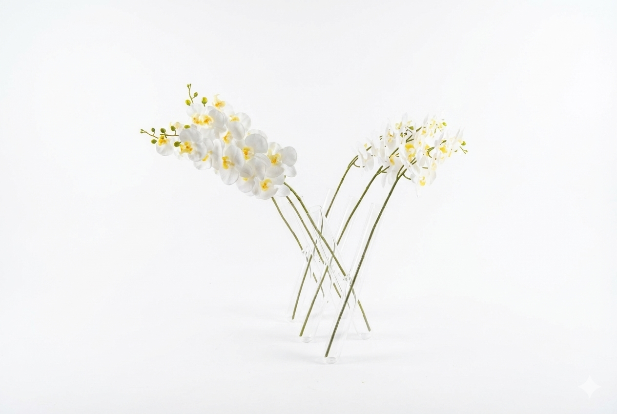 Three clear glass test tubes with white orchids and yellow centers against a white background.