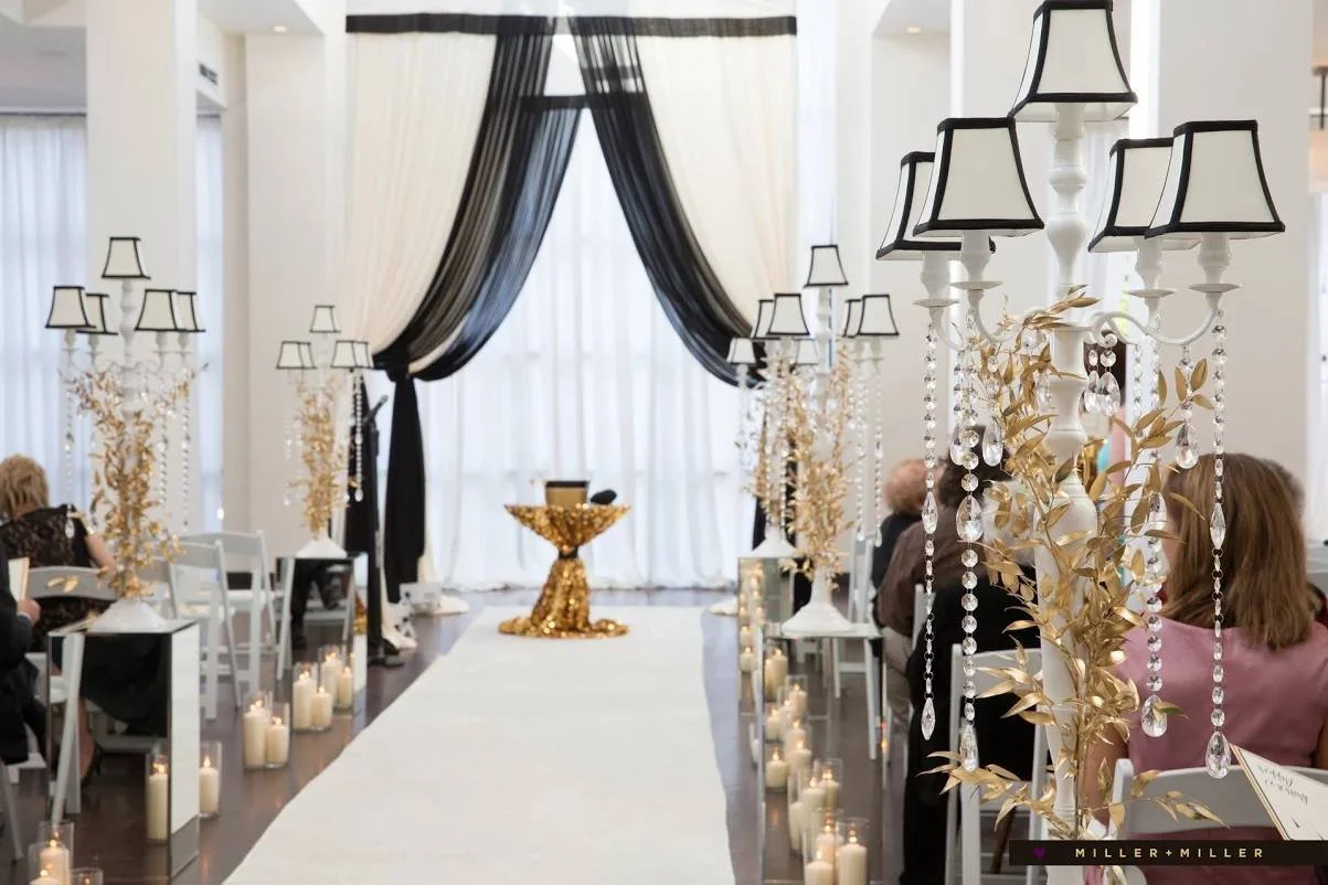 chicago-wedding-chuppah-canopy-draping-gold-centerpieces-aisle-runner-decor-sequin gold table cloth-candles