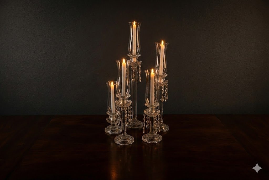 Six tall glass candlesticks with lit candles placed on a wooden surface against a dark wall.