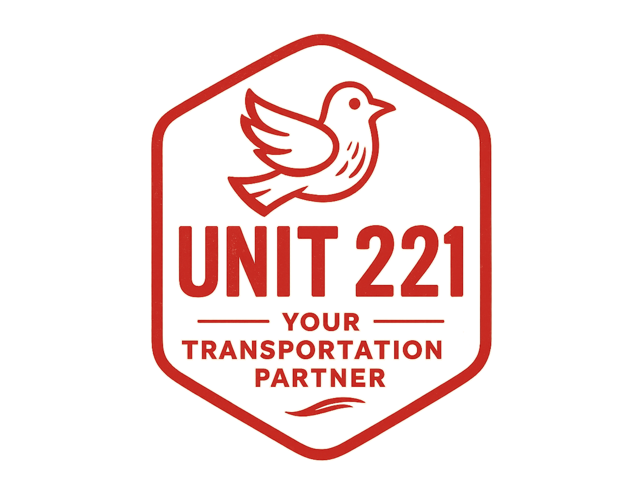 A red and white graphic featuring a stylized bird with outstretched wings, within an enclosed hexagon shape. The text reads "UNIT 221" in large bold letters, with smaller text below stating "Your Transportation Partner."