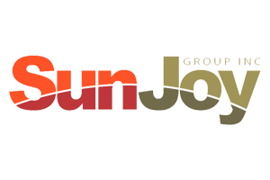 Logo for SunJoy Group Inc. with the words Sun in red, Joy in gray, and Group Inc. in a smaller font.