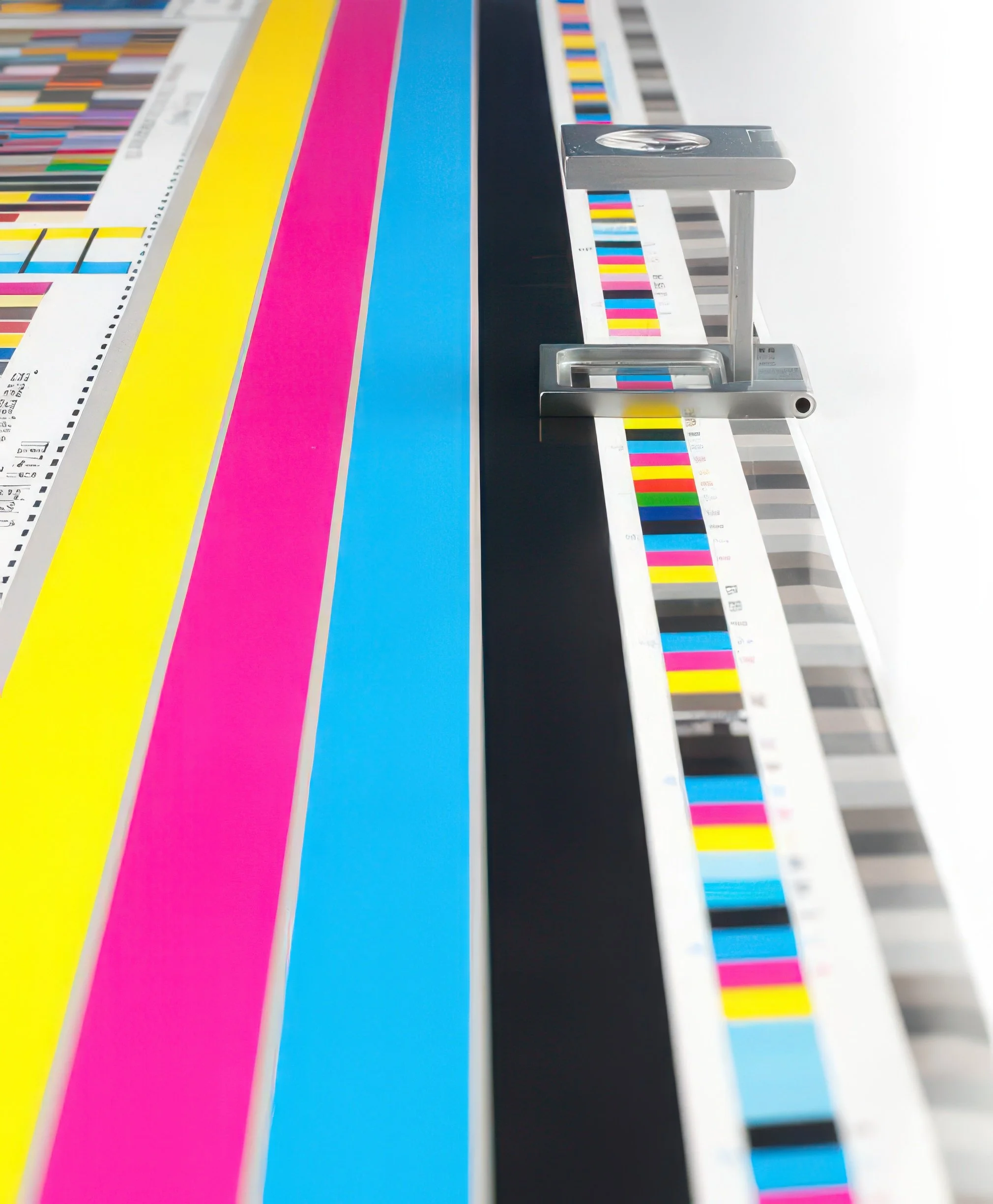 Color calibration test strip with vibrant colors, set on a machine, used for printing calibration.
