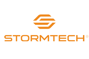 Stormtech logo with stylized orange geometric emblem above the word 'STORMTECH' in orange text on a black background.