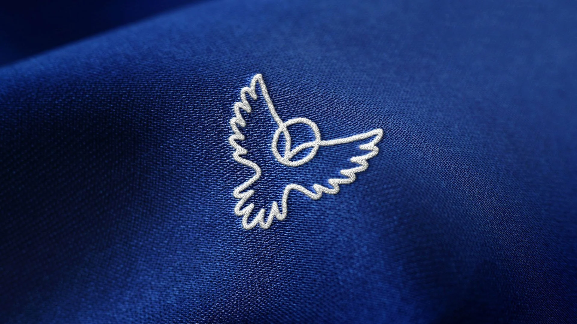 Close-up photograph of white embroidery of a bird in flight on blue fabric.