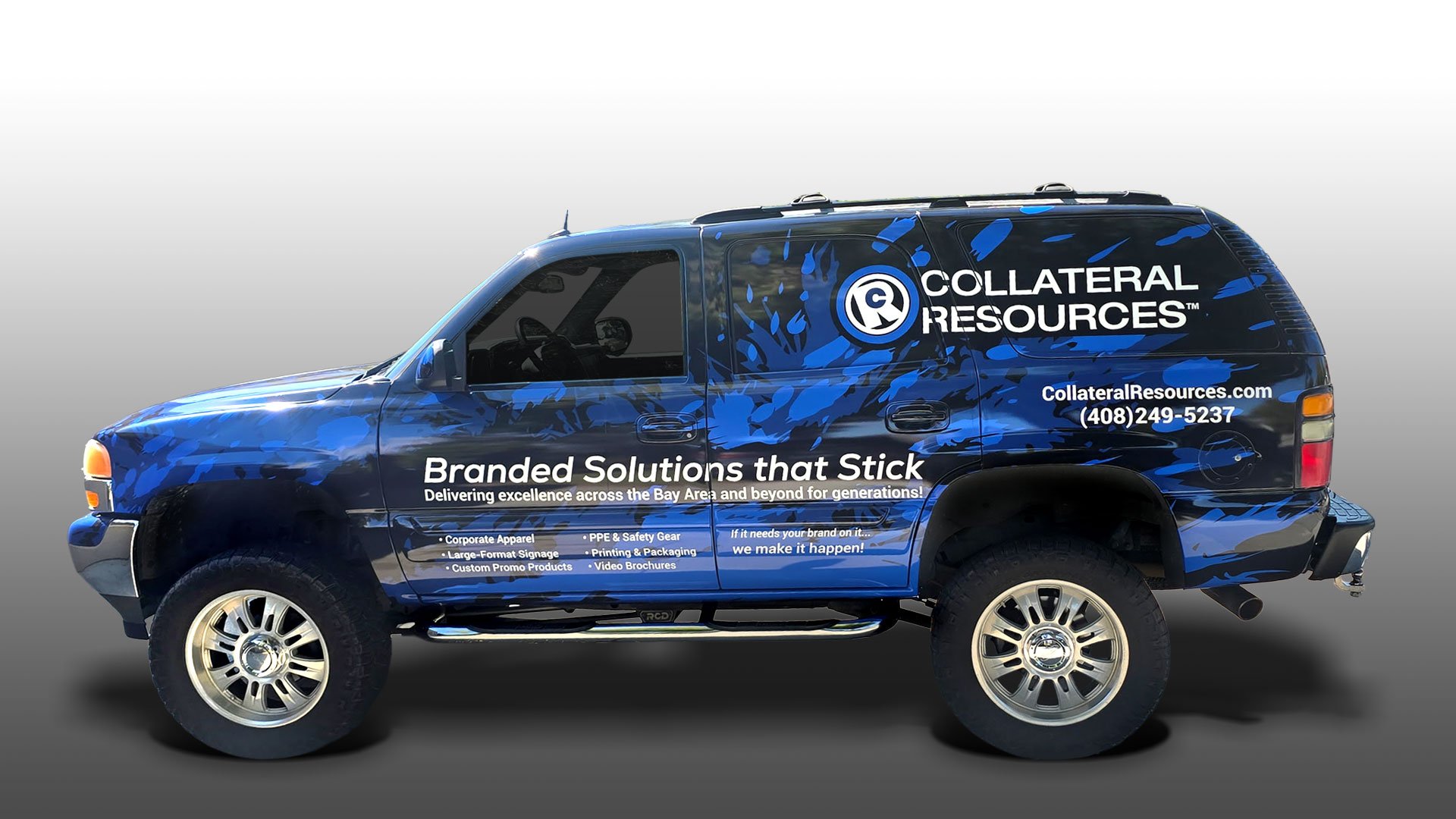 A black SUV with blue graphics and branding for Collateral Resources, including contact information and a tagline about delivering branded solutions. The vehicle is positioned against a plain gray background.