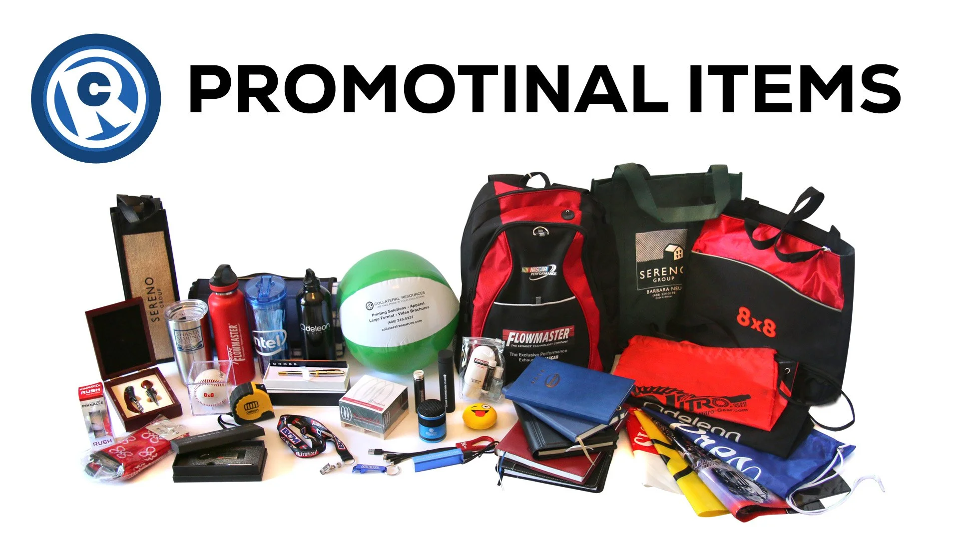 Assorted promotional items including backpacks, notebooks, water bottles, a beach ball, and various branded merchandise, arranged on a surface with a banner in the background that reads 'Promotional Items'.