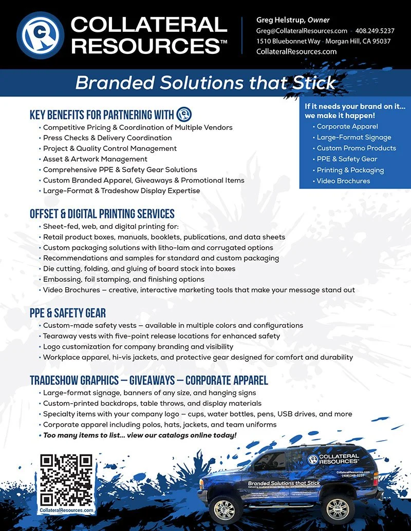 Business flyer for Collateral Resources, a company offering branded solutions, offset and digital printing, PPE and safety gear, and tradeshow graphics. Features contact info, services, and a QR code, with a blue vehicle at the bottom.