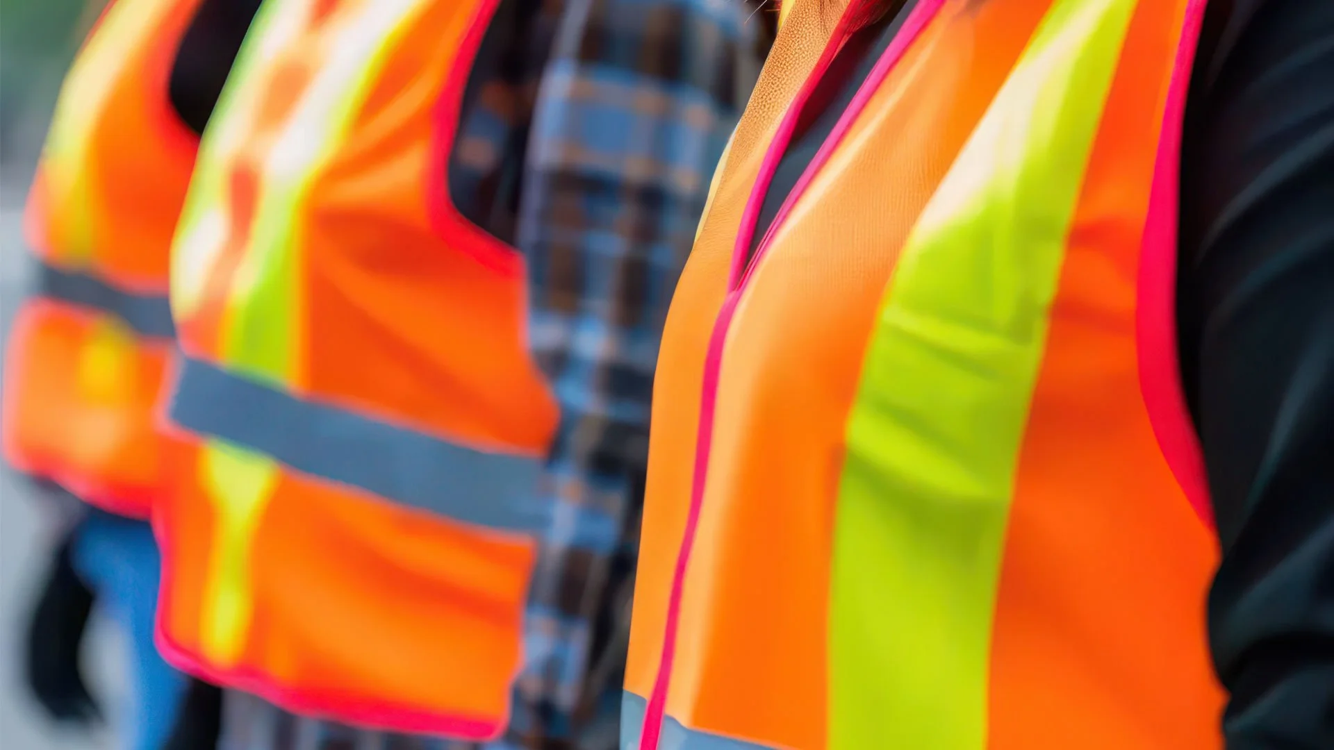 Close-up of high-visibility safety vests worn by workers