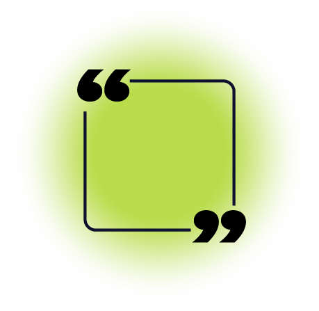 Green speech bubble with black quotation marks and blue outline in a circular neon glow background.