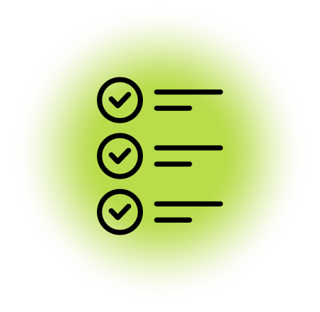 Checklist icon with three items, each marked with a checkmark on a green circular background.