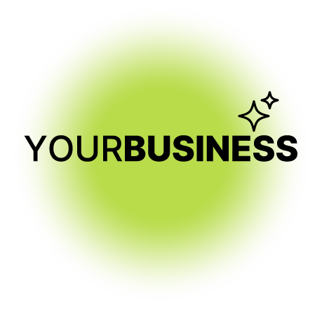 Green and white circular background with the text 'YOURBUSINESS' and two star-like sparkles.