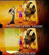 Animated scene with a character pulling a lever and another character showing a wrong lever, with text bubbles indicating the actions.