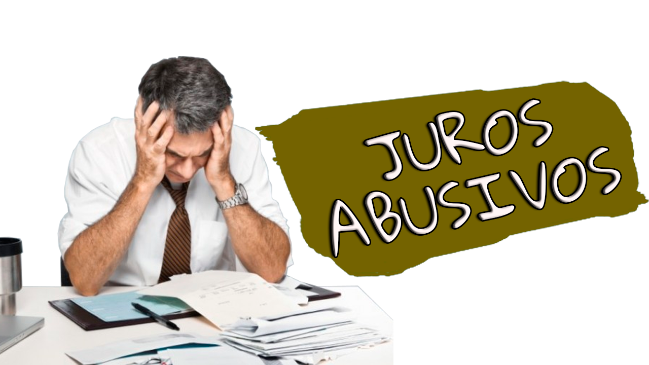Homem de terno com expressão de estresse sentado em uma mesa com papéis, com o texto 'Juros Abusivos' ao lado.