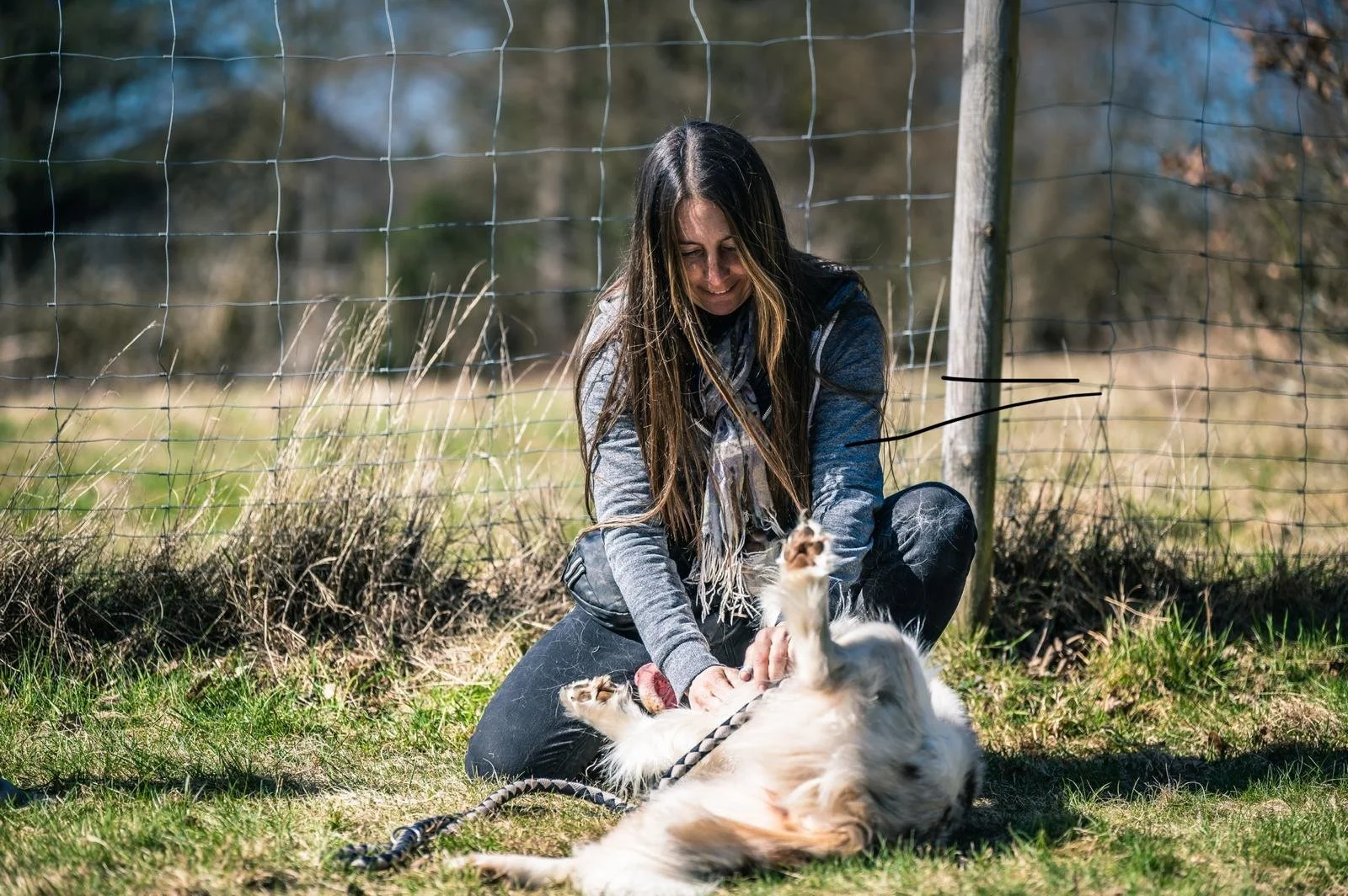 Eine Frau auf dem Boden spielt mit einem liegenden Hund im Freien an einem sonnigen Tag.