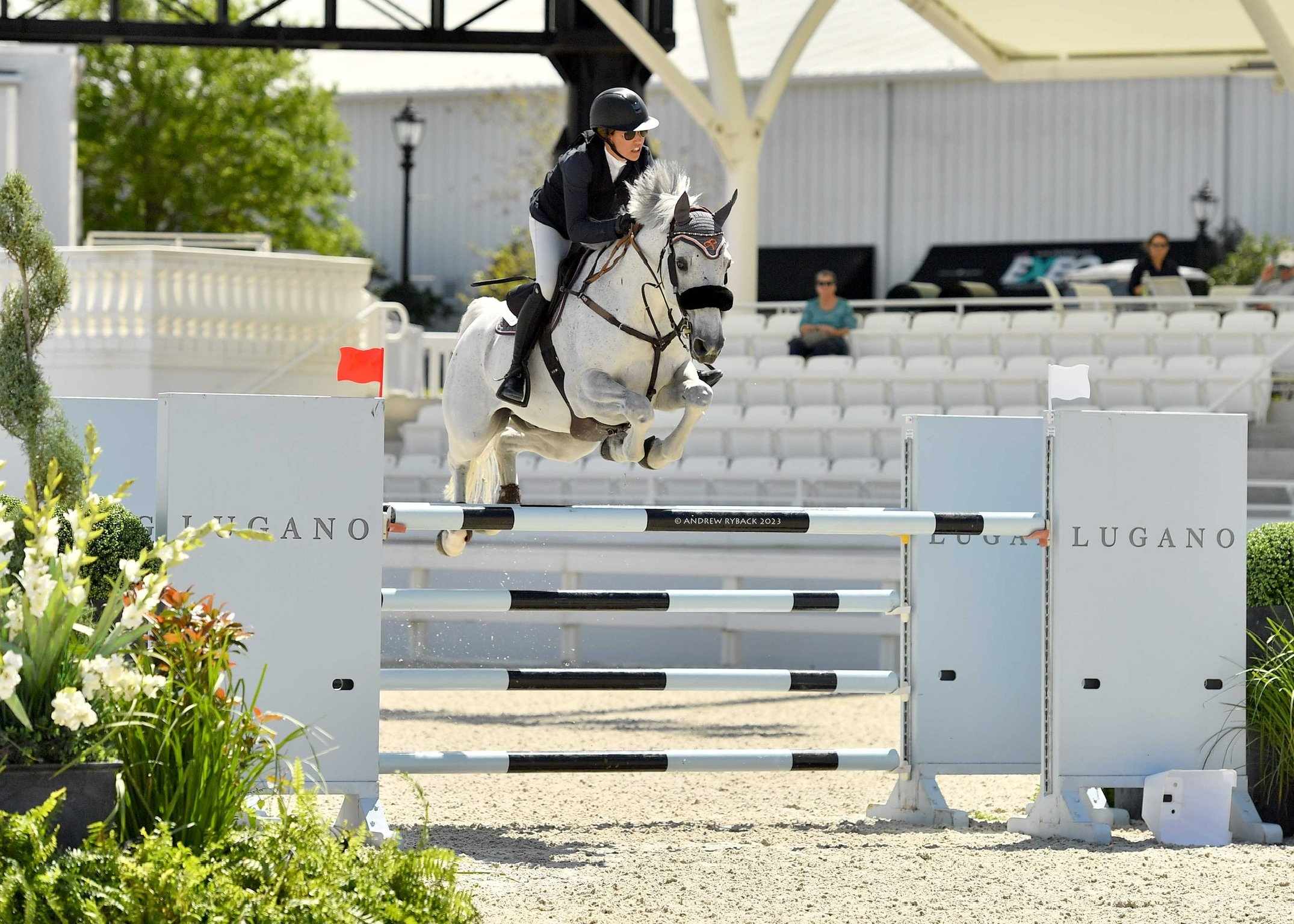 Professional hunter jumper rider Nathalie Petschenig competing in a show jumping event