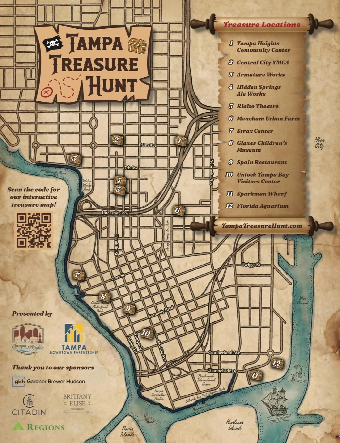 Tampa Treasure Hunt is now open! Follow our map to find treasure chests at each of the locations on our map. An interactive map is also on our website. Explore Tampa Heights and Downtown, especially while the weather is cool today! #tampatreasurehunt