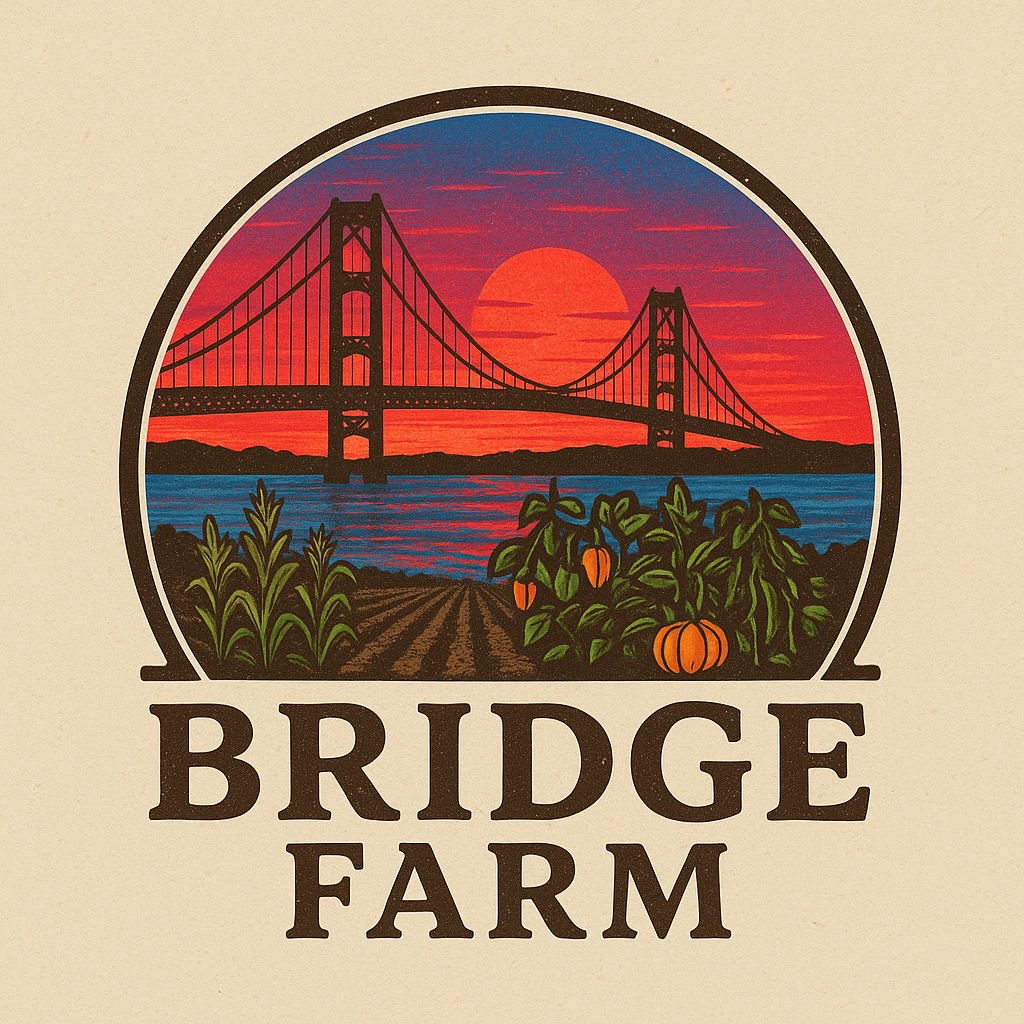 Illustration of a bridge with a sunset, farm fields with pumpkins and plants, water in the background, and the text 'Bridge Farm' below.