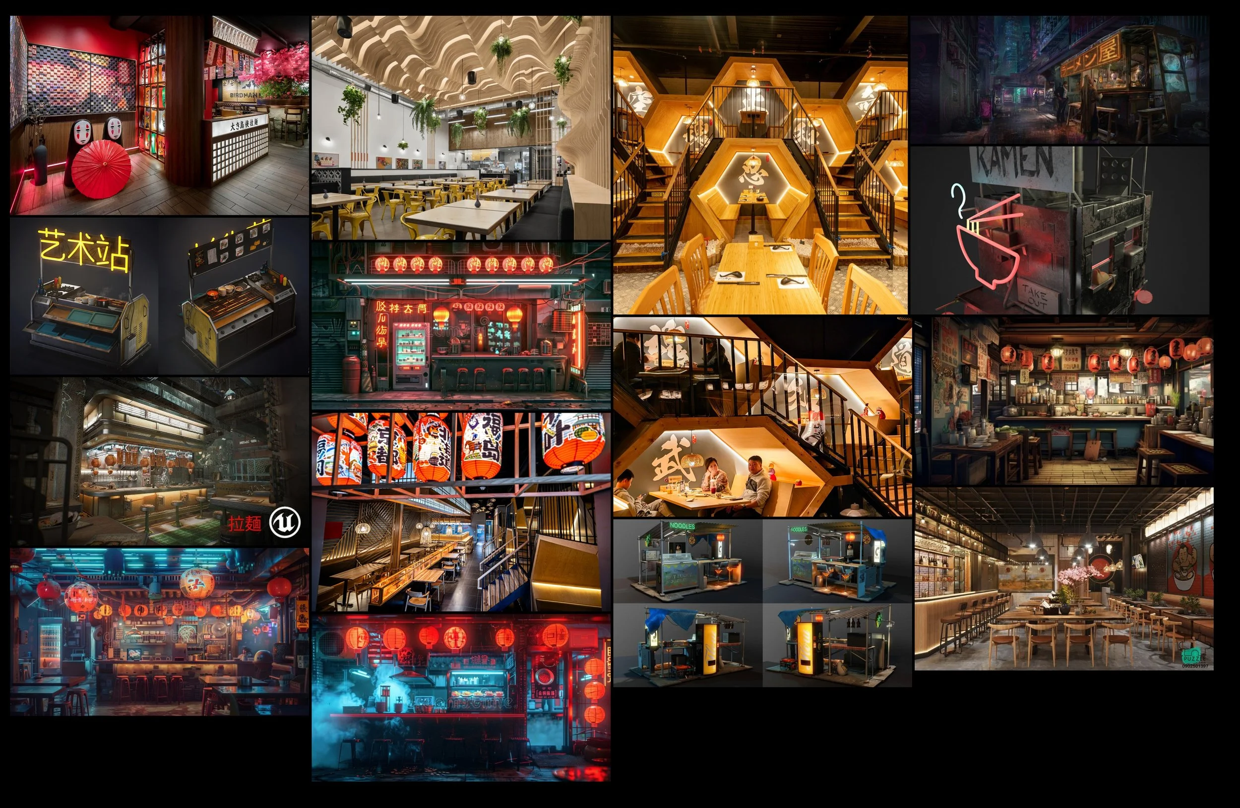 Mood board for Ramen Shop from PureRef. I knew I wanted to blend in wood aspects with the traditional metal-heavy environments that you would see in other cyberpunk art pieces.