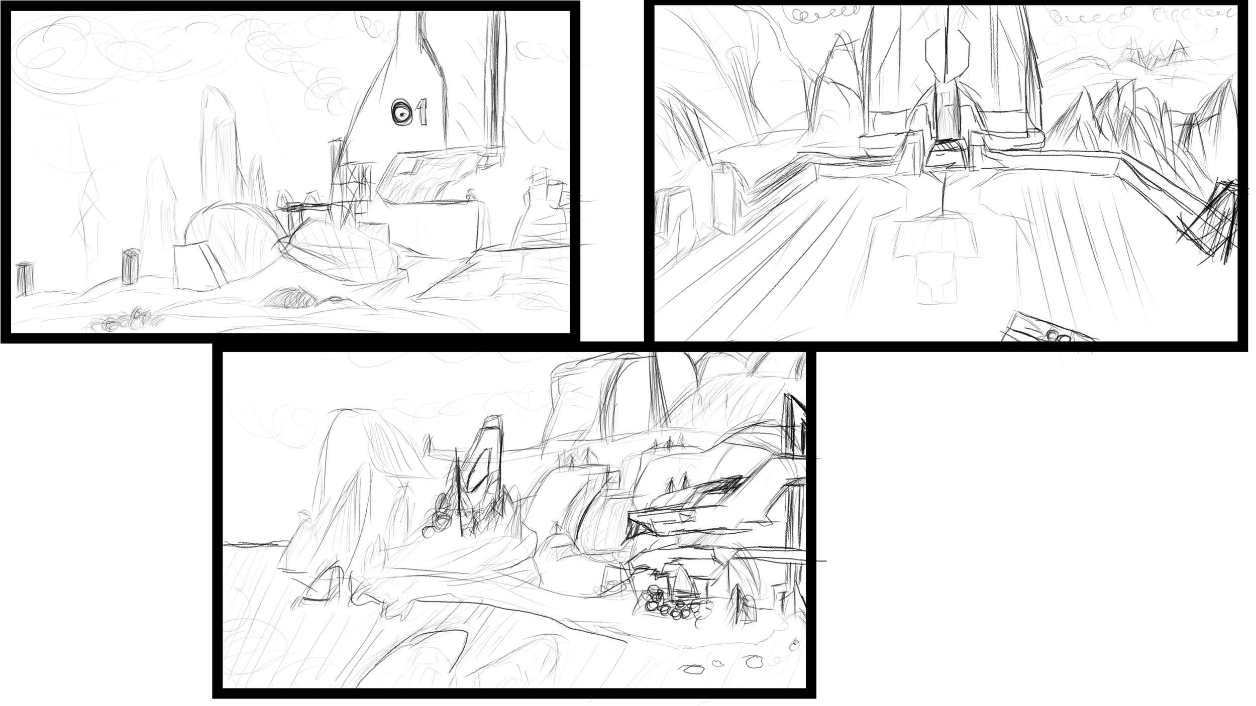 Rough Sketches for the landscape & architecture assignment in our environmental concept art class.