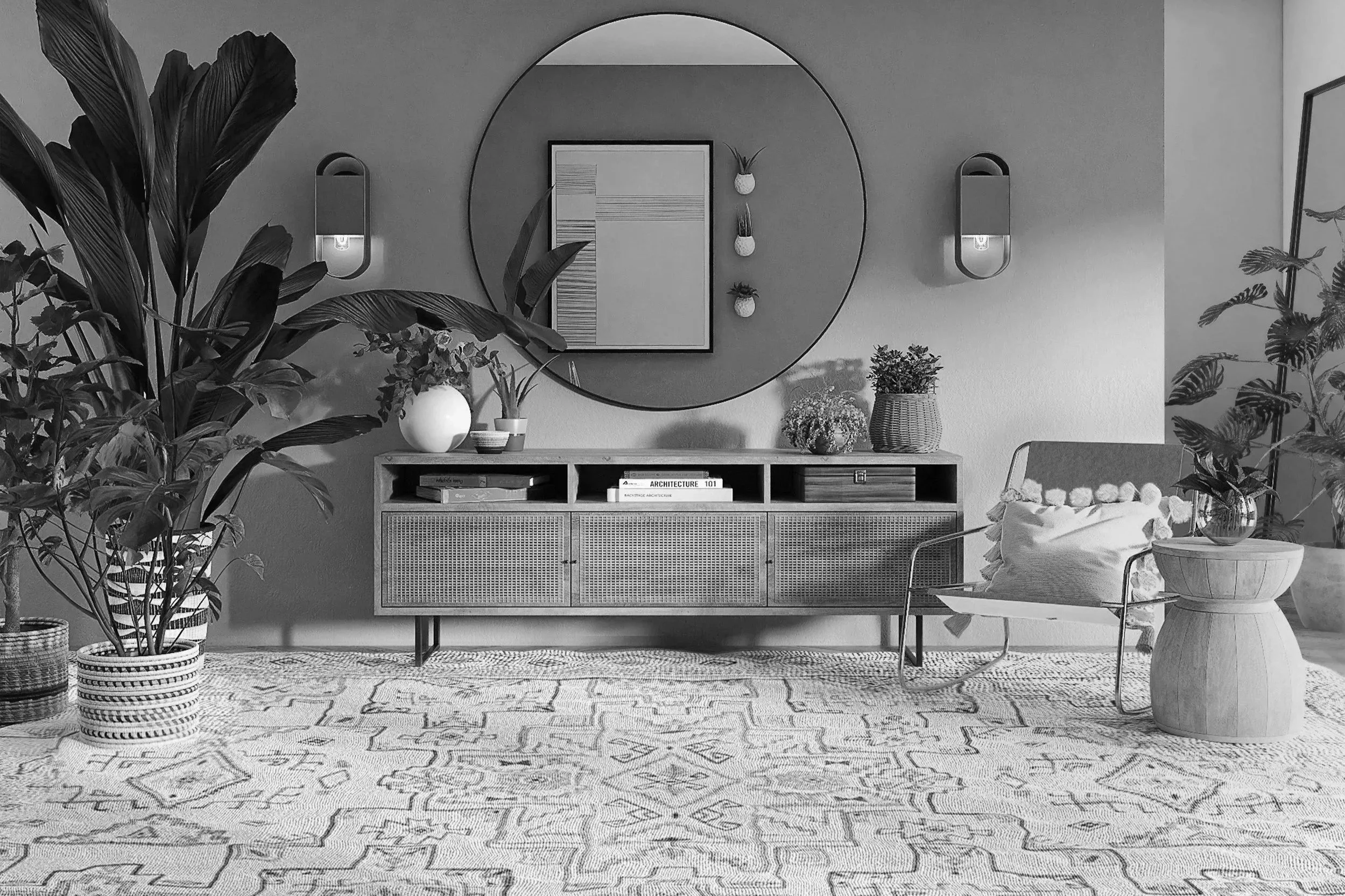 A modern living room decorated with potted plants, a large round mirror, and a sideboard with decorative items. There is a chair with a pillow and a small round table. The room features a patterned rug and wall-mounted lights.